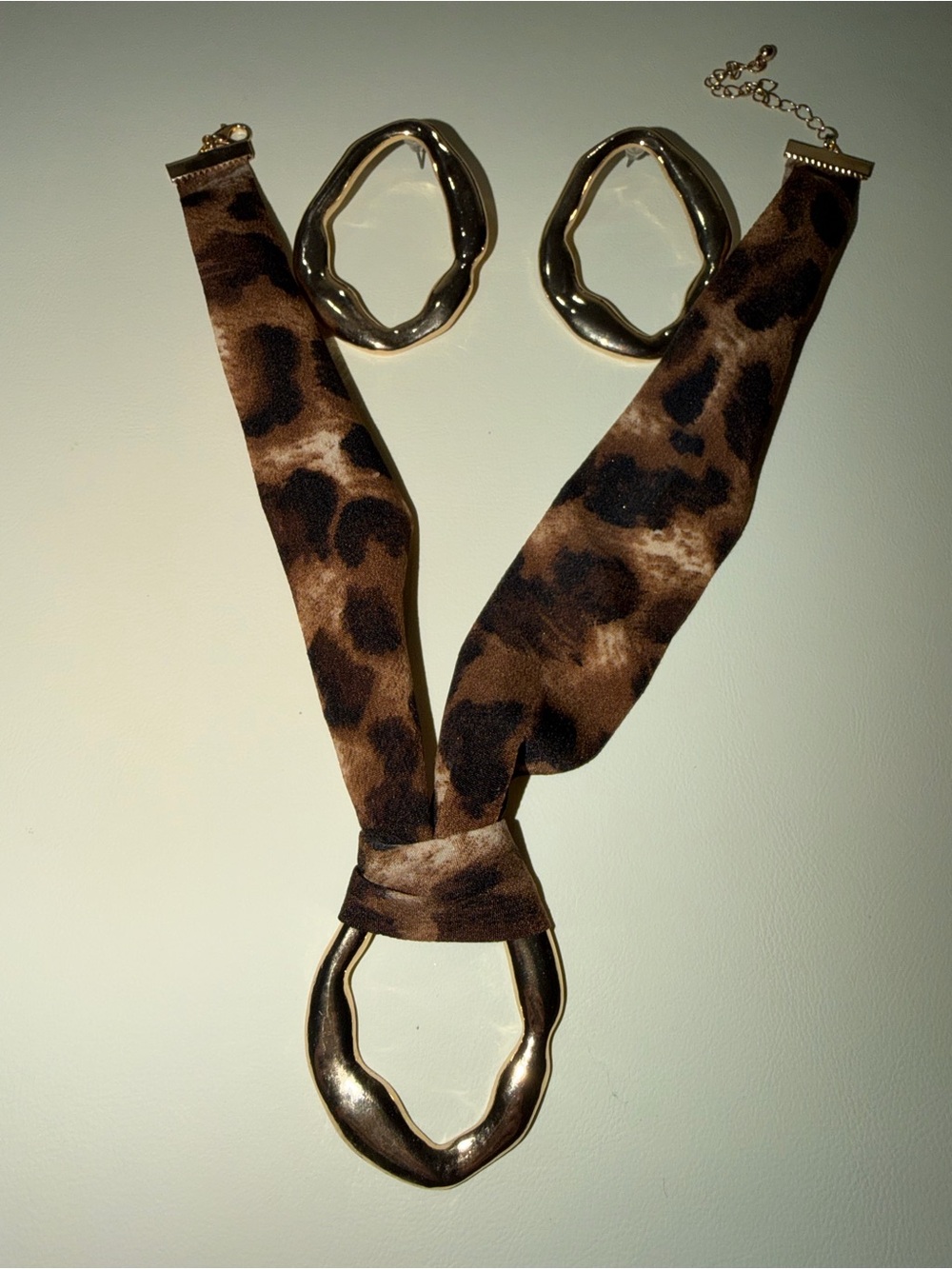 Leopard Print Scarf Necklace with Gold Accents - Brown